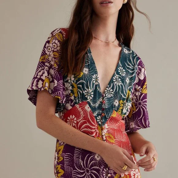 HTF By Anthropologie Short-Sleeve V-Neck Button-Front Midi Dress